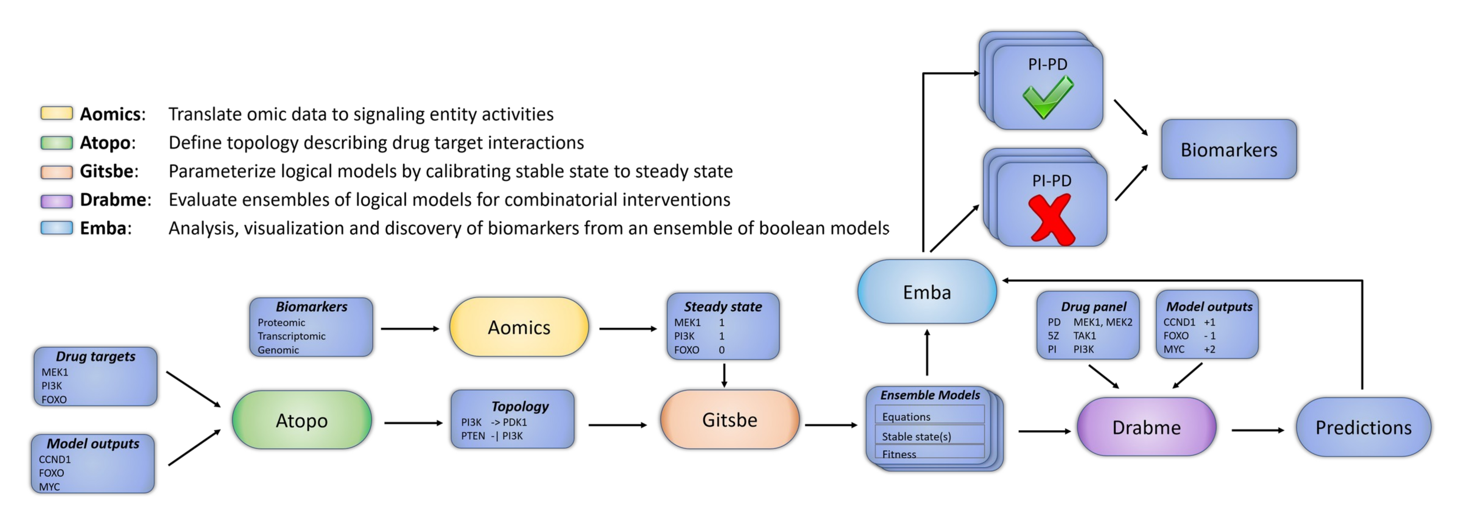 The DrugLogics software pipeline. A series of connected modules that build a regulatory topology incorporating specific drug targets, parameterize Boolean models to a specific cancer signaling profile assembled from various omics data and simulate drug combination perturbations. The output models and their predictions can be further analyzed to explain the difference between phenotypes and thus identify biomarkers that make a particular drug combination synergistic.